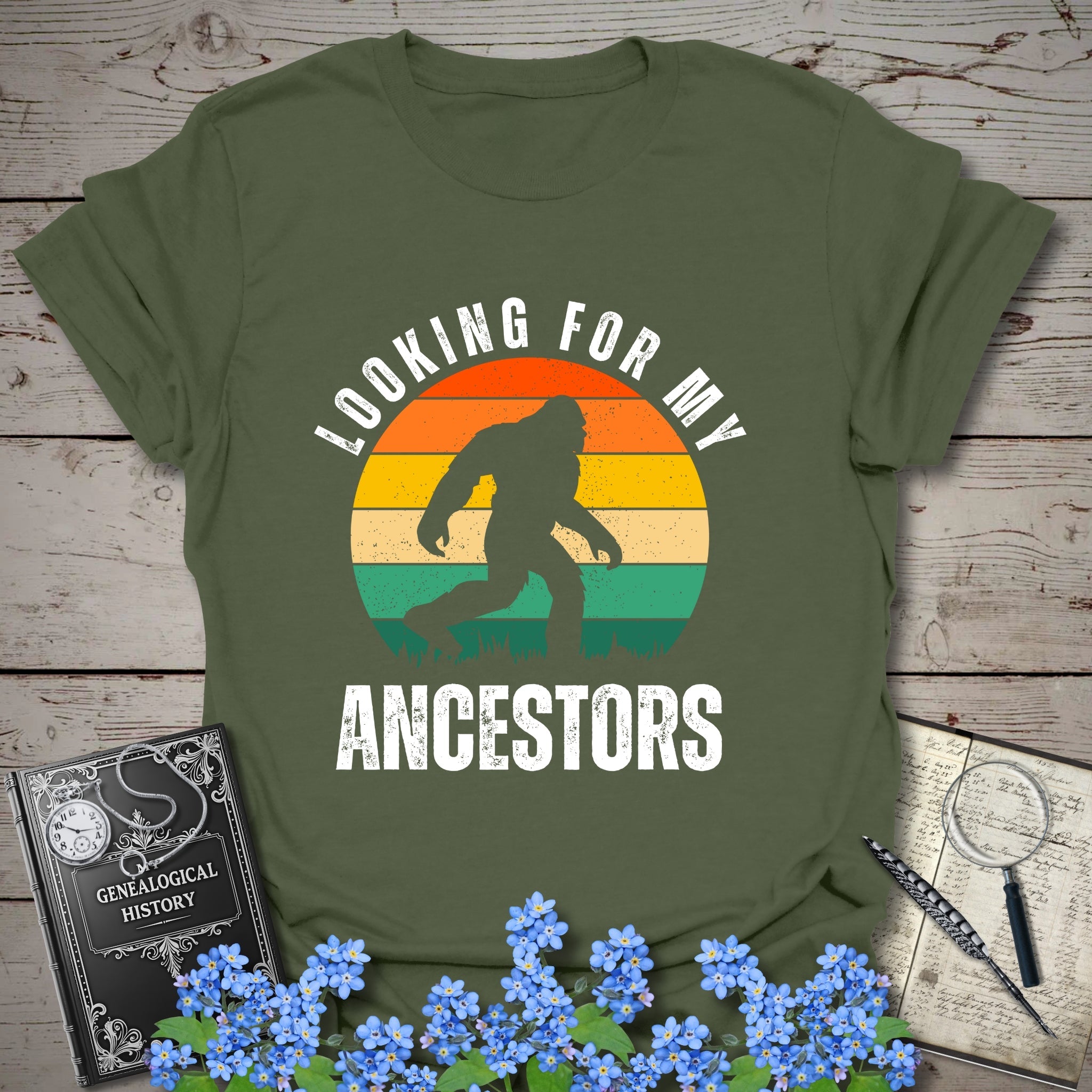 Looking For My Ancestors T-Shirt in Military Green by Genealogy Keepsakes