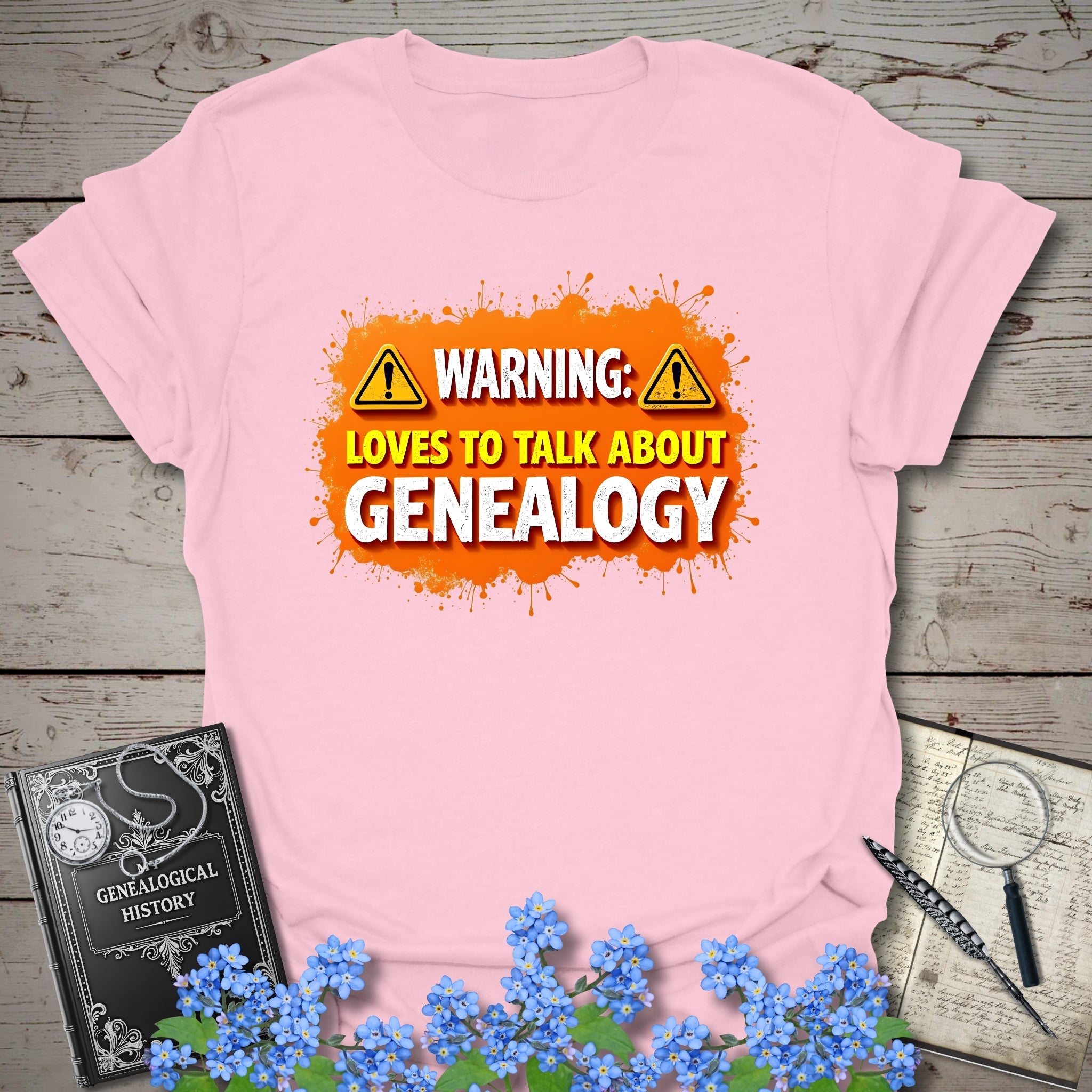 Loves To Talk About Genealogy T-Shirt in Light Pink by Genealogy Keepsakes
