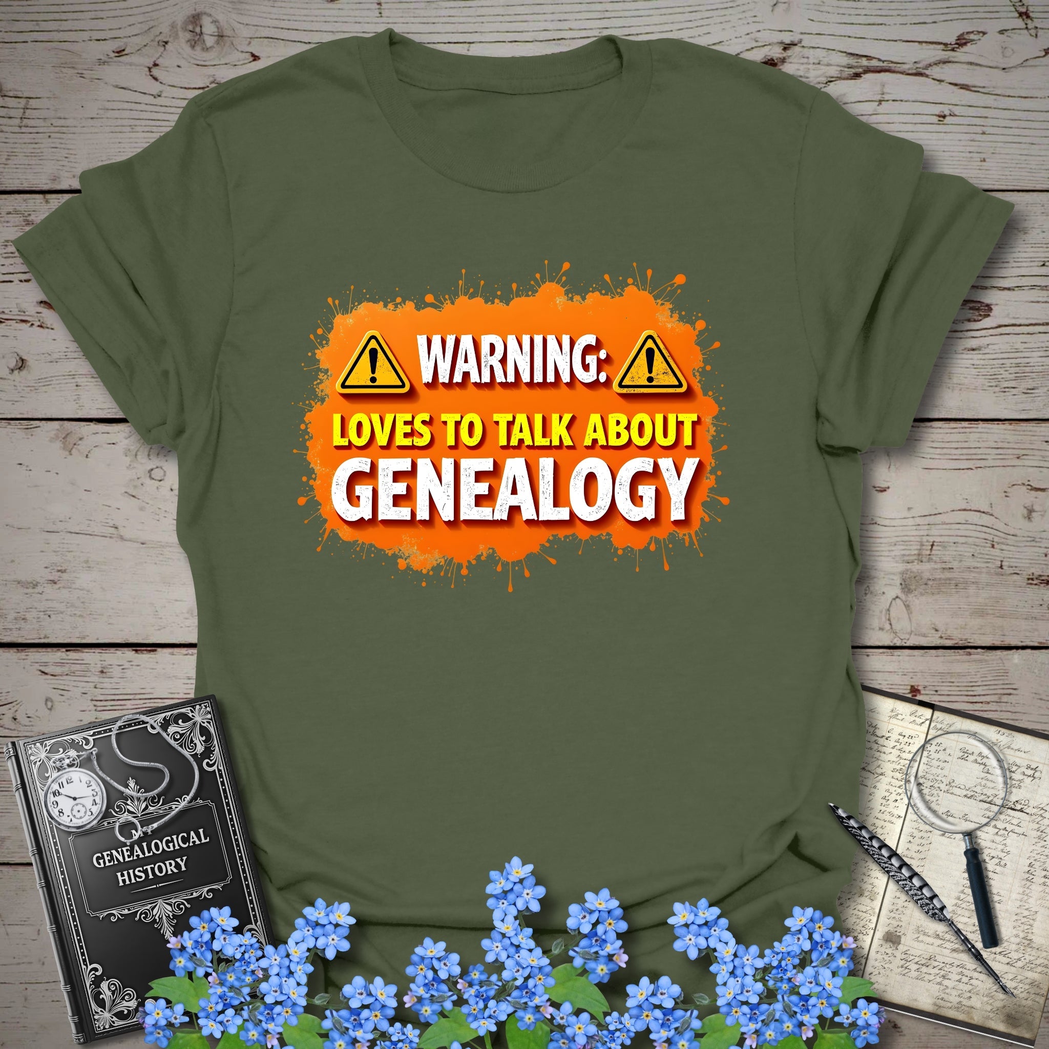 Loves To Talk About Genealogy T-Shirt in Military Green by Genealogy Keepsakes