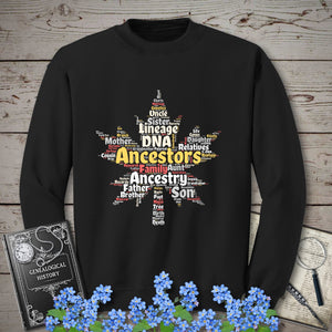 Maple Leaf Word Cloud Sweatshirt in Black by Genealogy Keepsakes