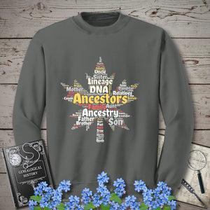 Maple Leaf Word Cloud Sweatshirt in Charcoal by Genealogy Keepsakes