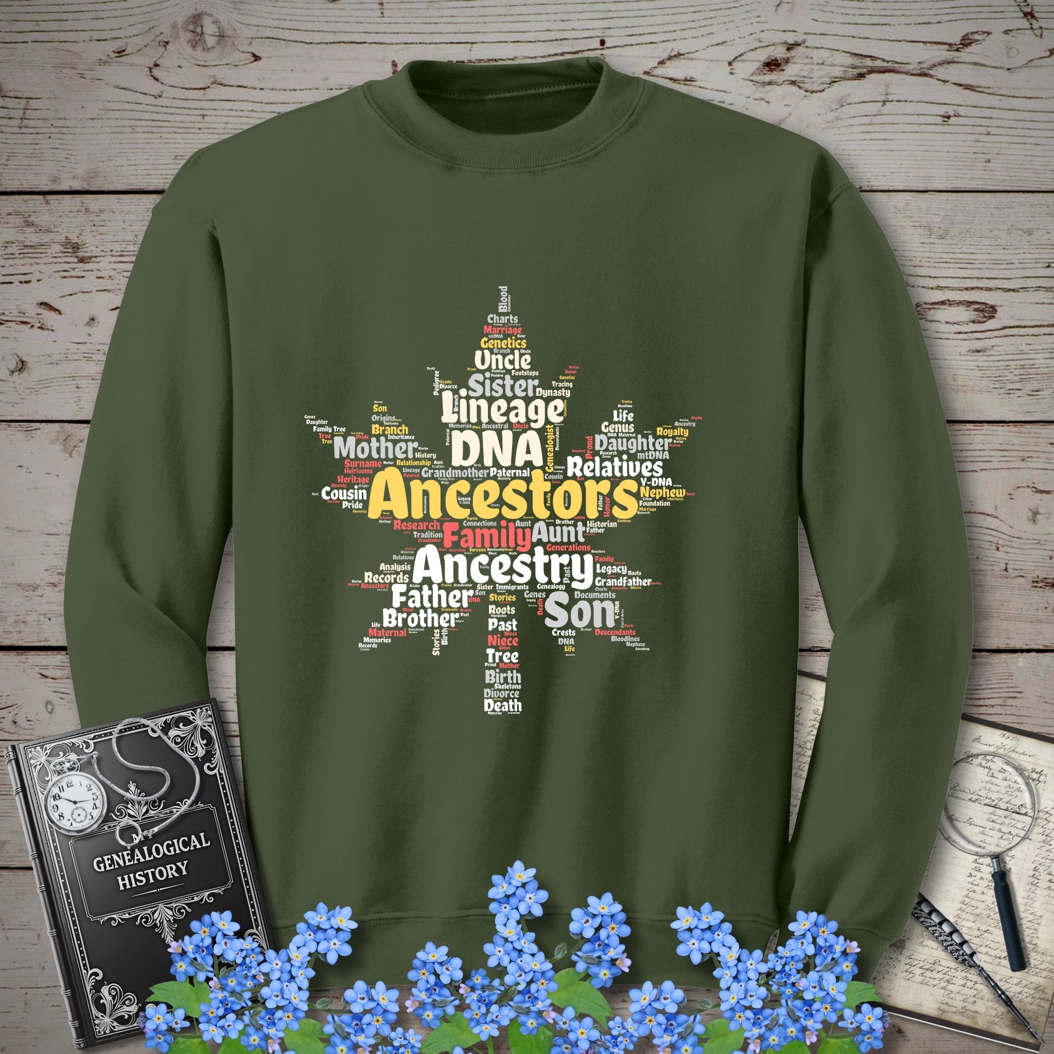 Maple Leaf Word Cloud Sweatshirt in Military Green by Genealogy Keepsakes