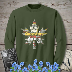Maple Leaf Word Cloud Sweatshirt in Military Green by Genealogy Keepsakes