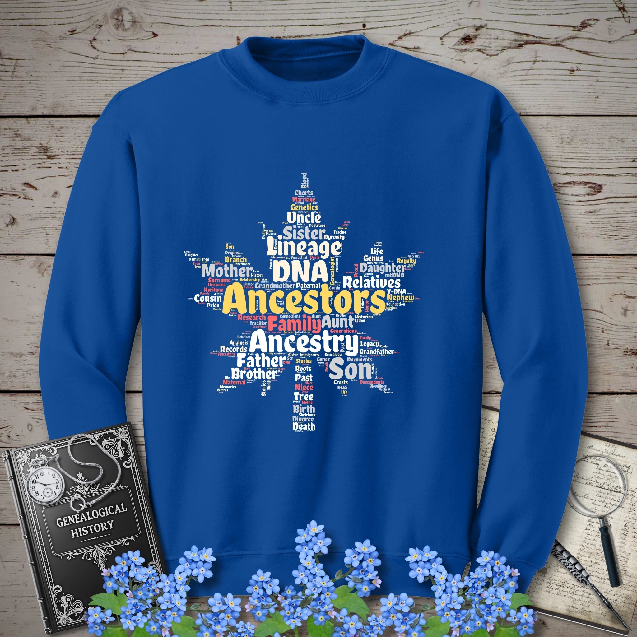 Maple Leaf Word Cloud Sweatshirt in Royal by Genealogy Keepsakes