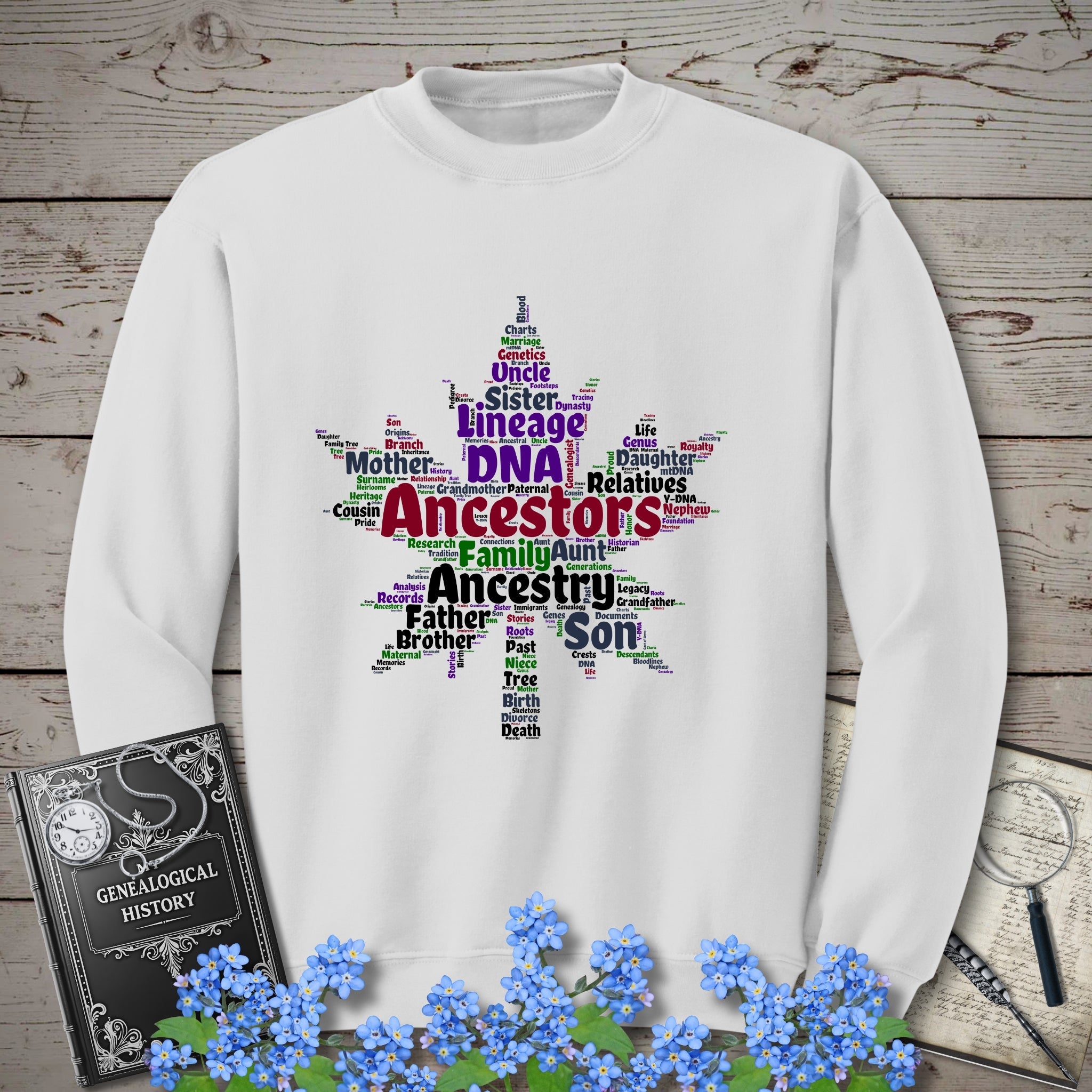 Maple Leaf Word Cloud Sweatshirt in White by Genealogy Keepsakes