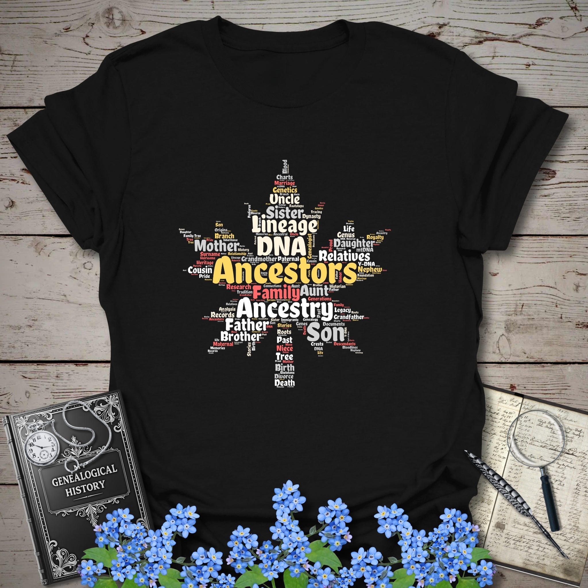 Maple Leaf Word Cloud T-Shirt in Black by Genealogy Keepsakes