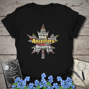 Maple Leaf Word Cloud T-Shirt in Black by Genealogy Keepsakes