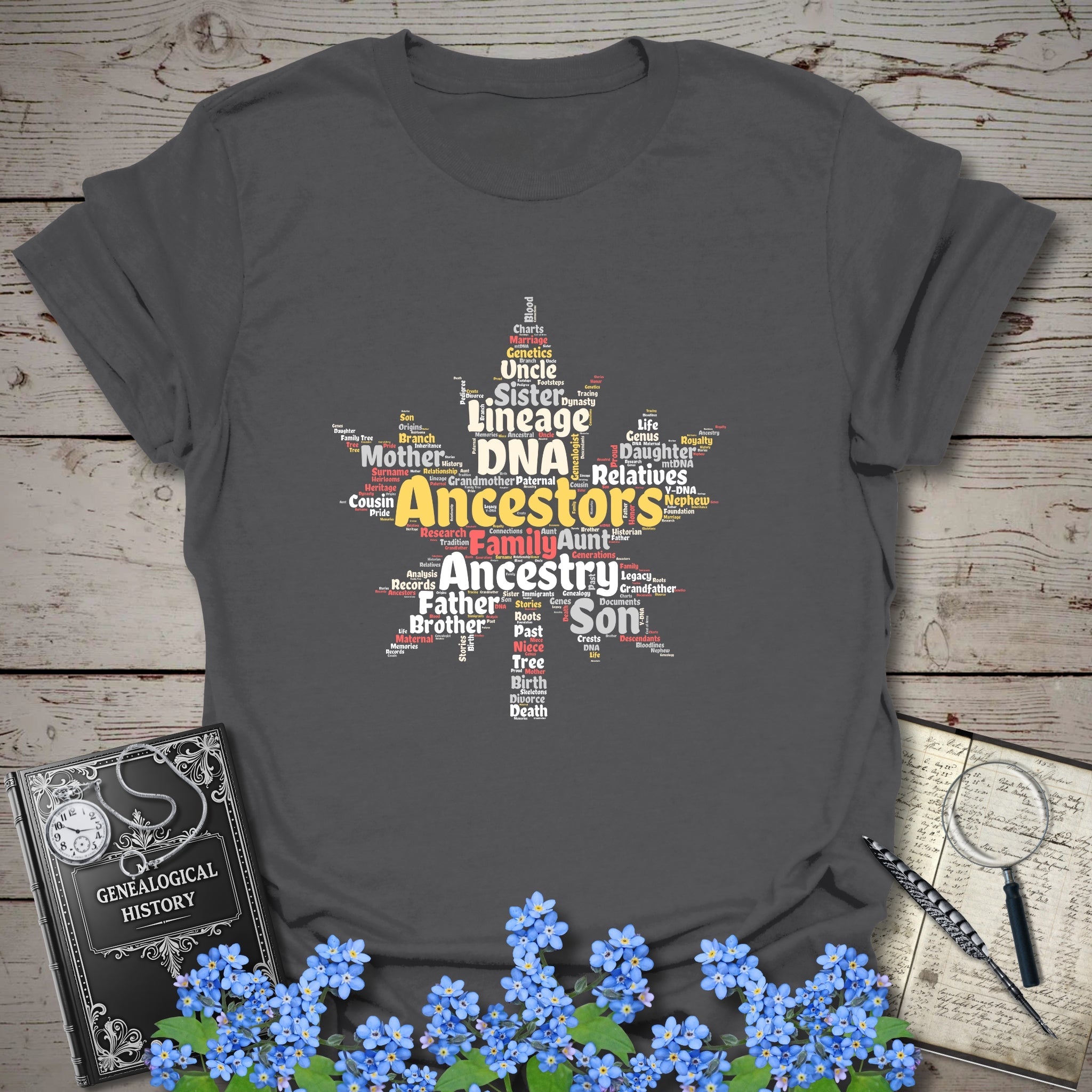 Maple Leaf Word Cloud T-Shirt in Charcoal by Genealogy Keepsakes