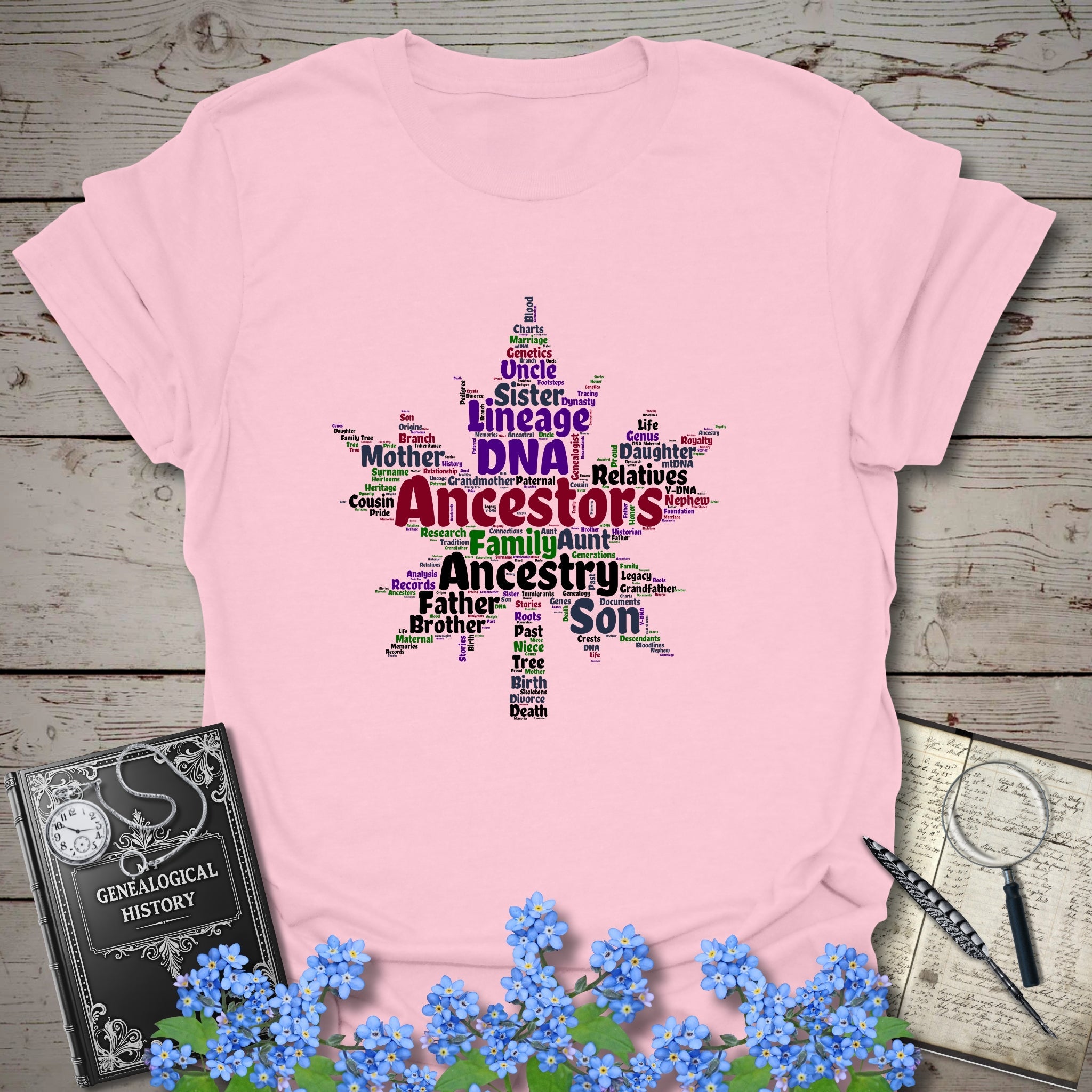 Maple Leaf Word Cloud T-Shirt in Light Pink by Genealogy Keepsakes