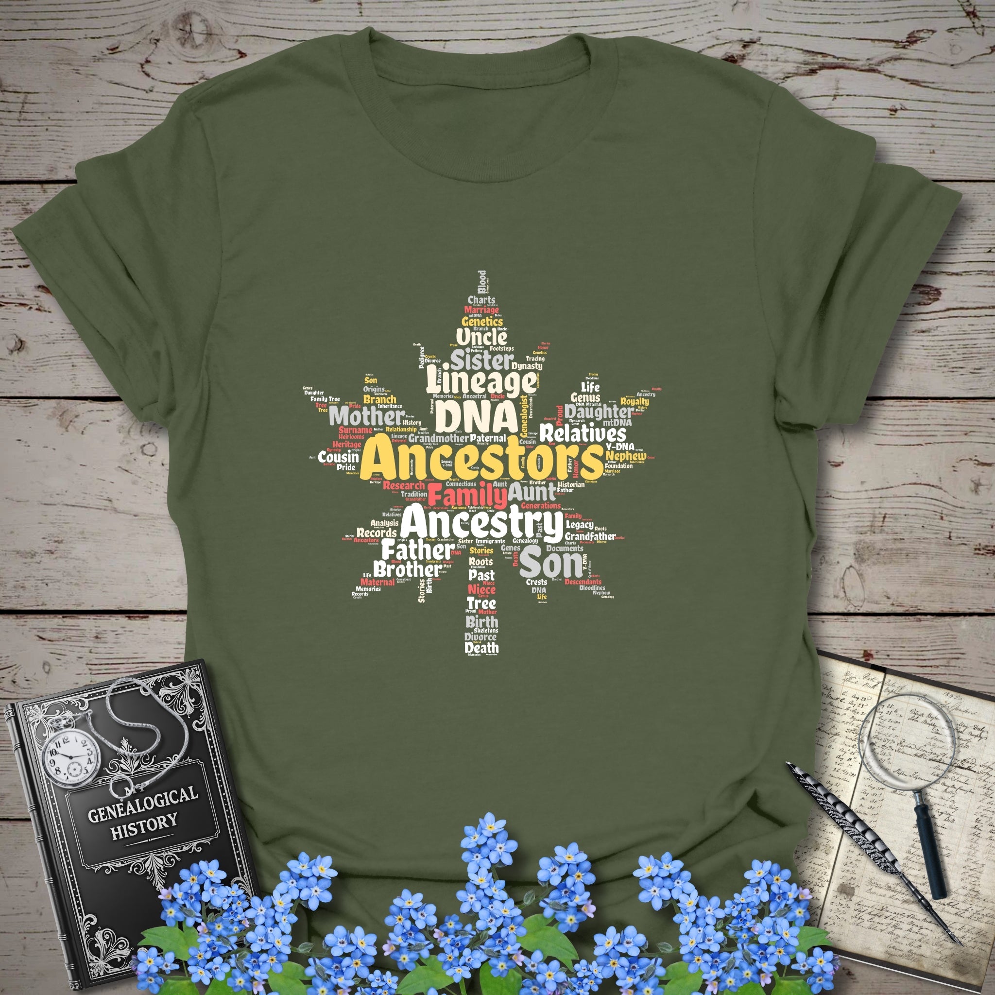 Maple Leaf Word Cloud T-Shirt in Military Green by Genealogy Keepsakes