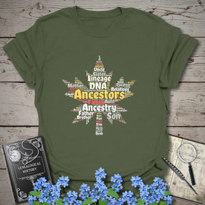 Maple Leaf Word Cloud T-Shirt in Military Green by Genealogy Keepsakes