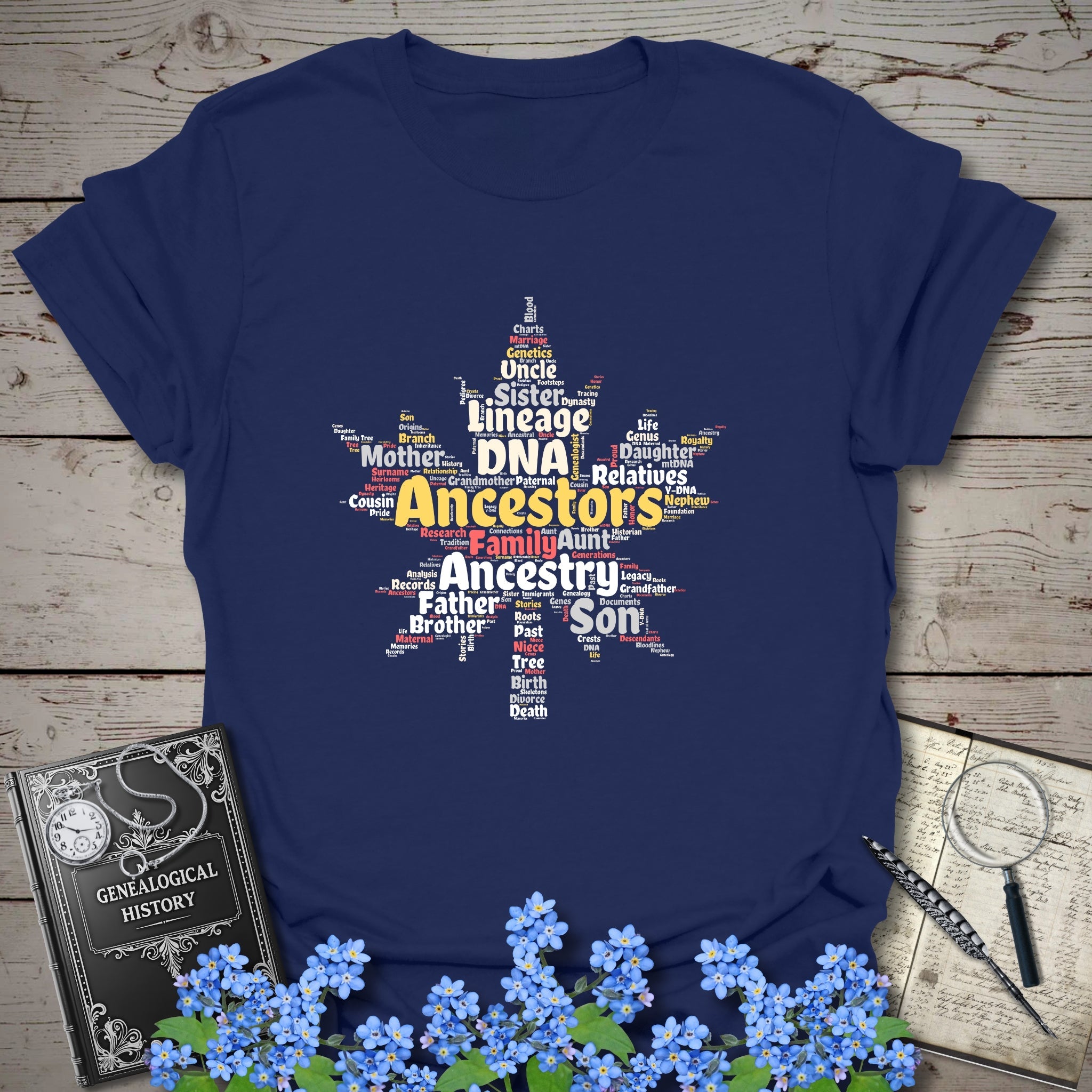 Maple Leaf Word Cloud T-Shirt in Navy by Genealogy Keepsakes