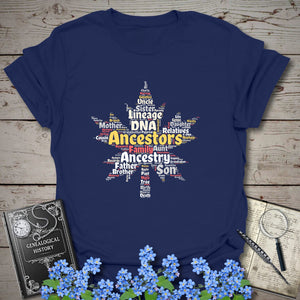 Maple Leaf Word Cloud T-Shirt in Navy by Genealogy Keepsakes