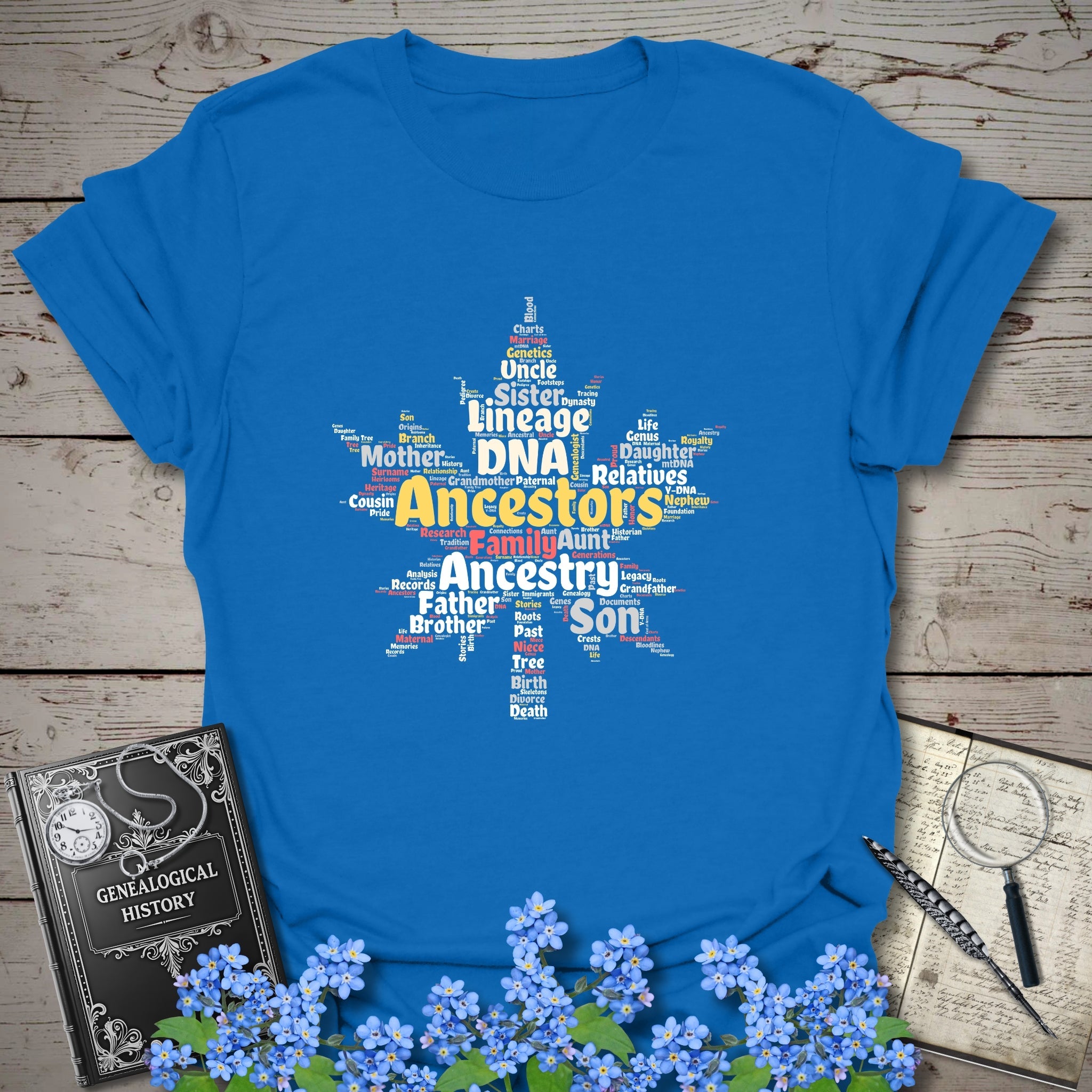 Maple Leaf Word Cloud T-Shirt in Royal by Genealogy Keepsakes