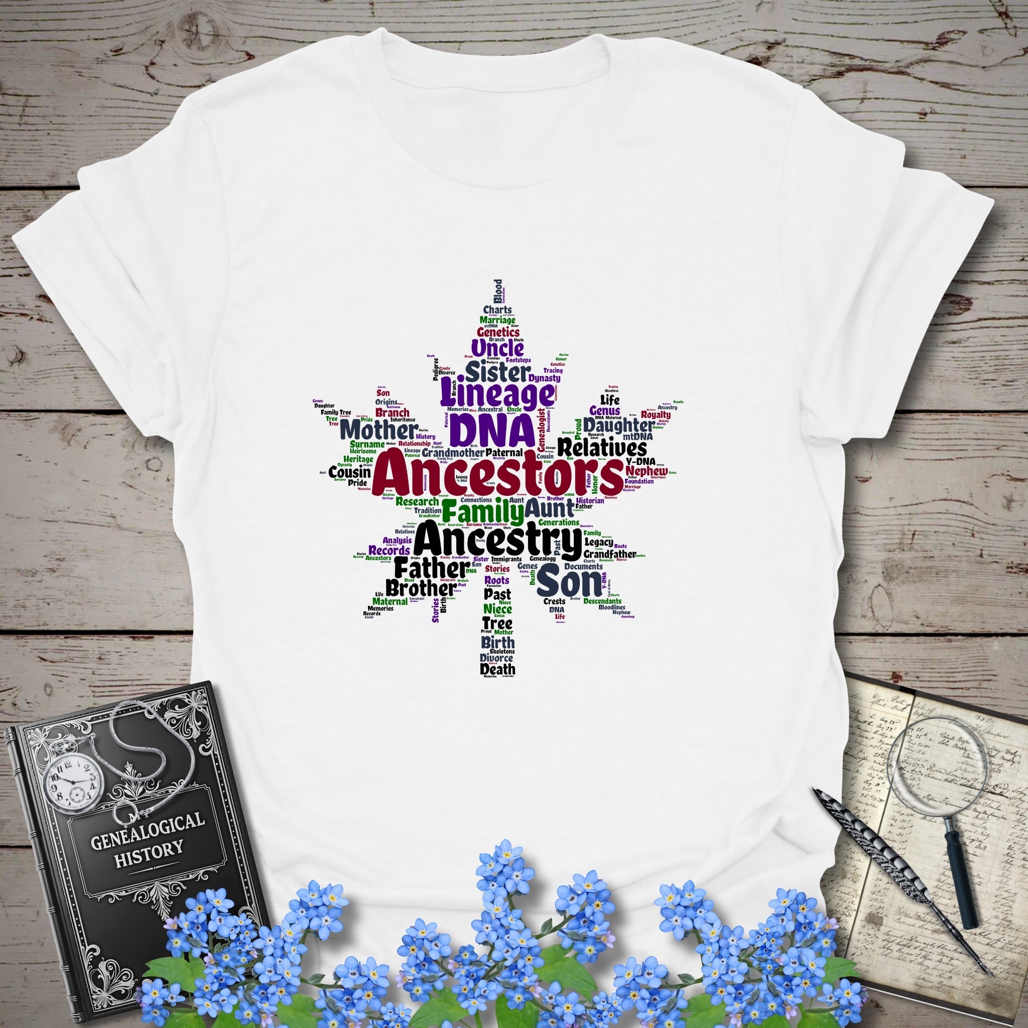 Maple Leaf Word Cloud T-Shirt in White by Genealogy Keepsakes
