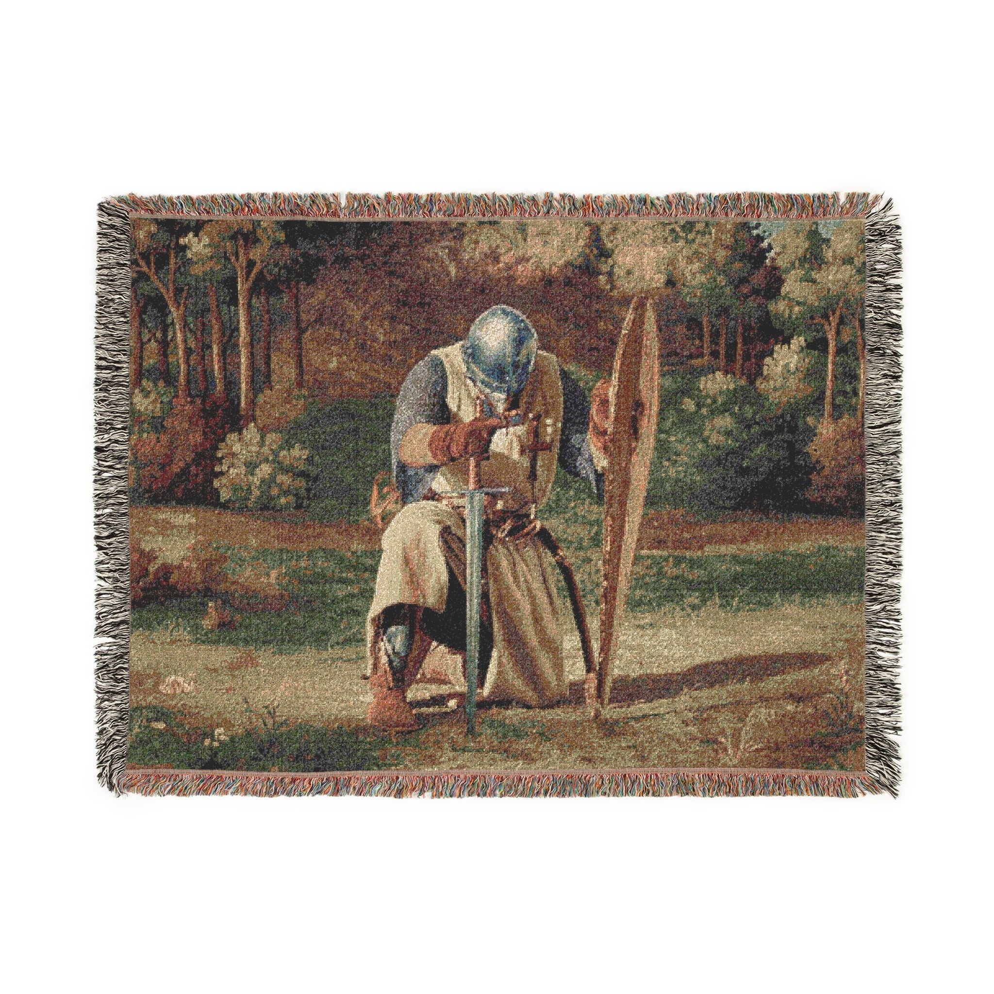 Medieval Knight’s Prayer Woven Blanket in Artwork by Genealogy Keepsakes