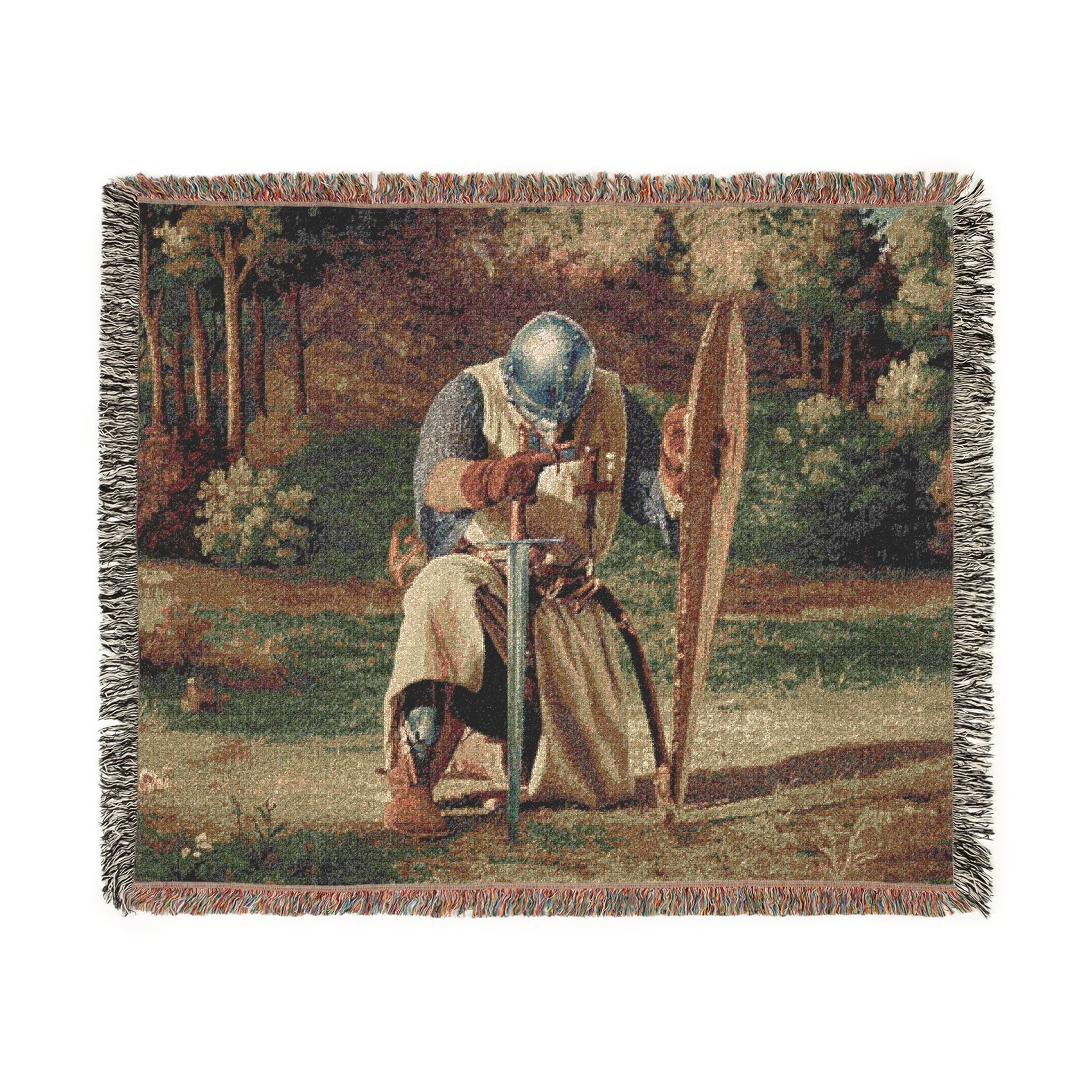 Medieval Knight’s Prayer Woven Blanket in Artwork by Genealogy Keepsakes