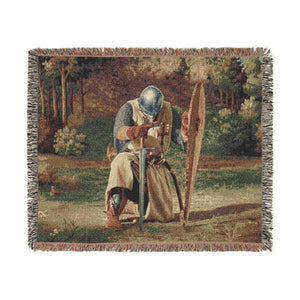 Medieval Knight’s Prayer Woven Blanket in Artwork by Genealogy Keepsakes