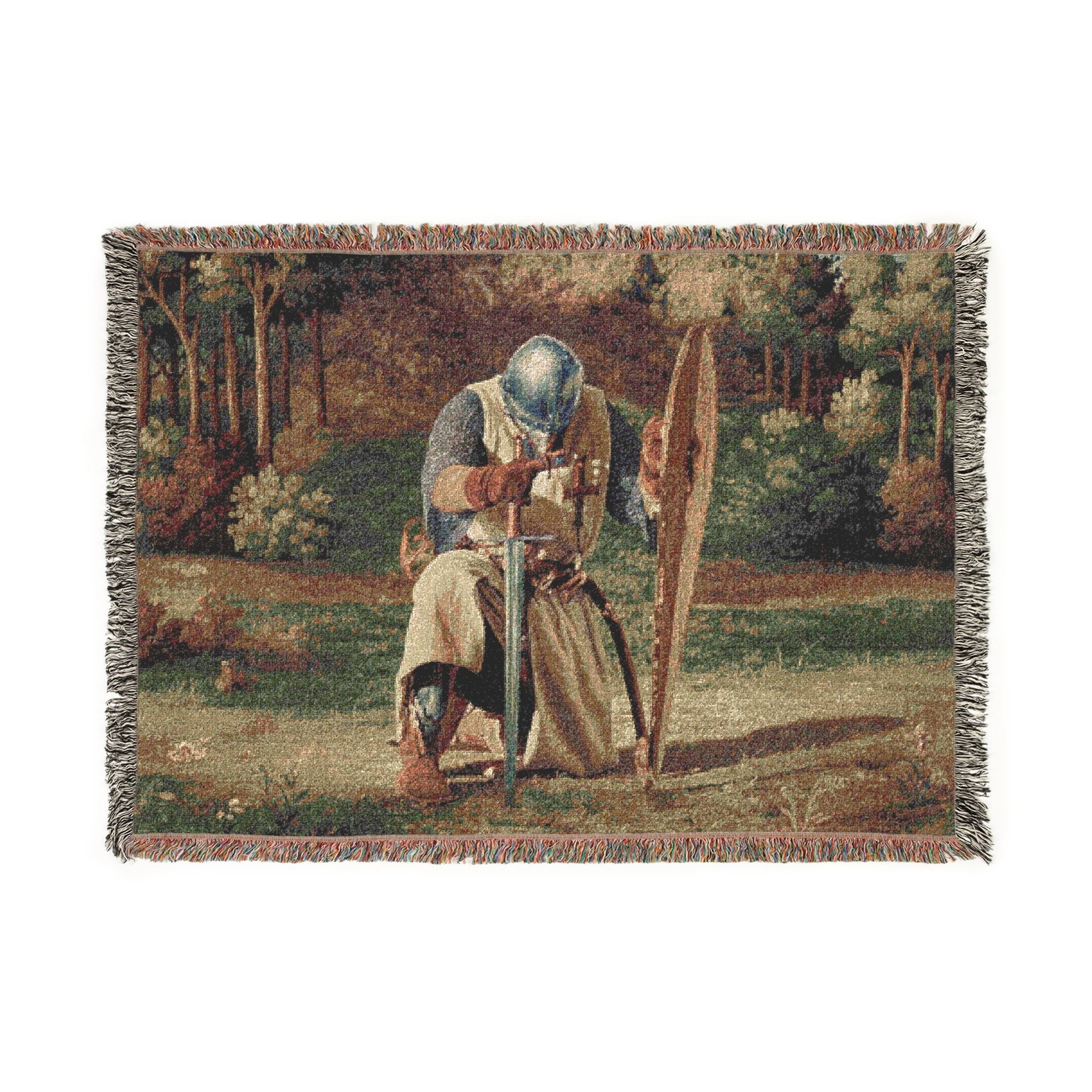 Medieval Knight’s Prayer Woven Blanket in Artwork by Genealogy Keepsakes