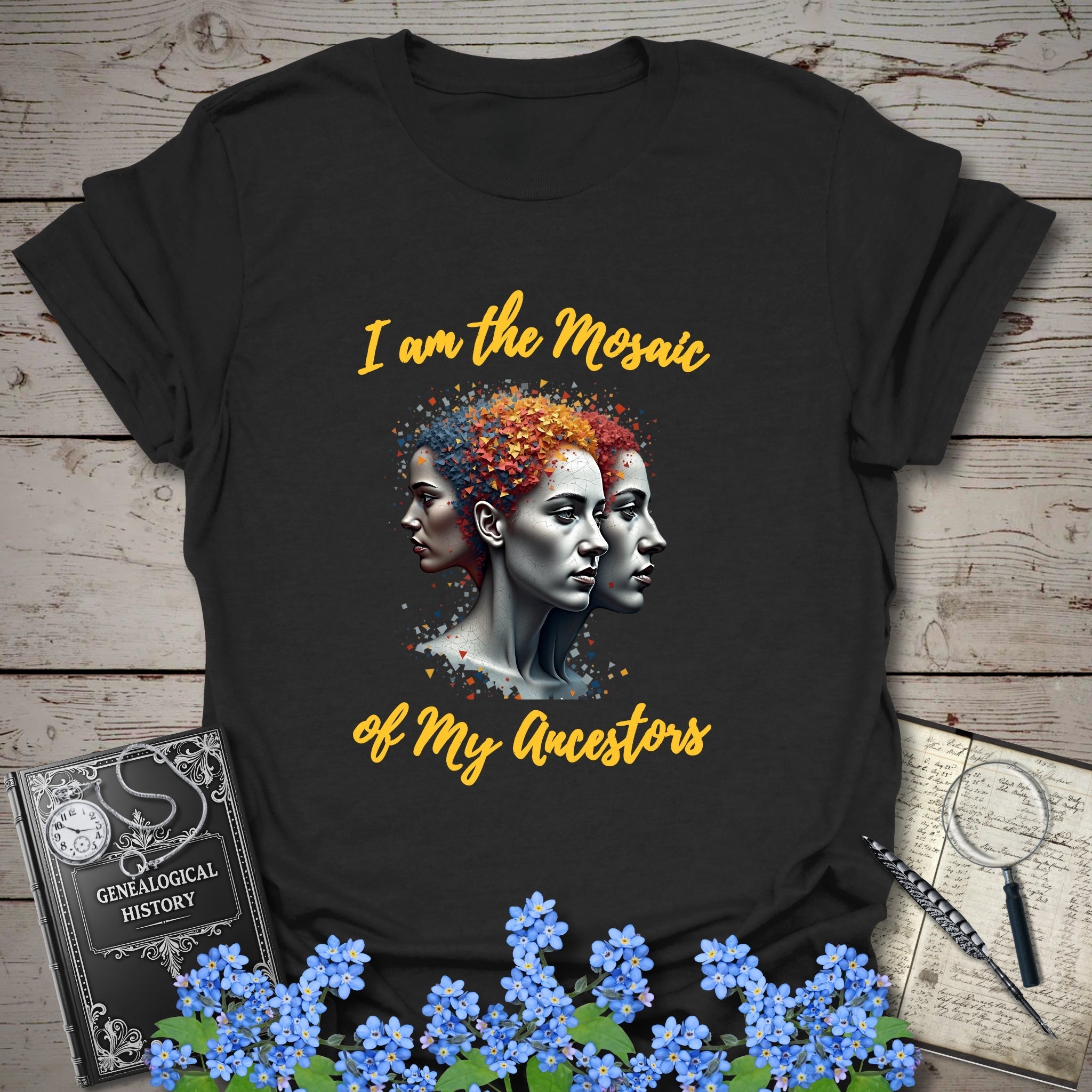 Mosaic of Ancestors T-Shirt in Black by Genealogy Keepsakes