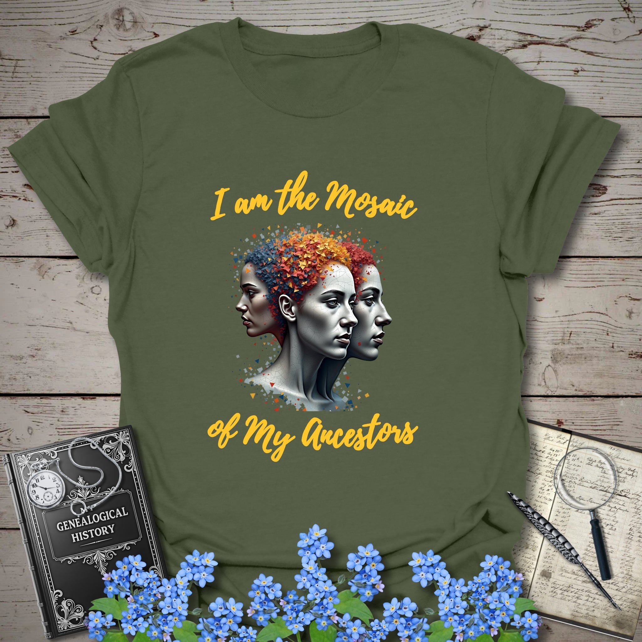 Mosaic of Ancestors T-Shirt in Military Green by Genealogy Keepsakes