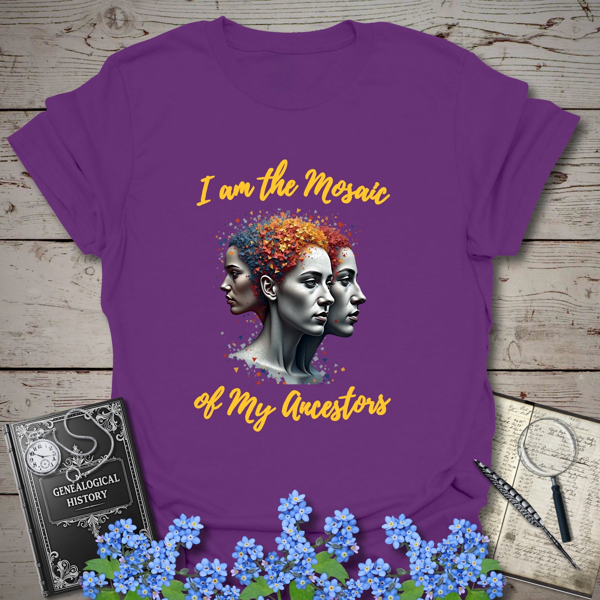 Mosaic of Ancestors T-Shirt in Purple by Genealogy Keepsakes