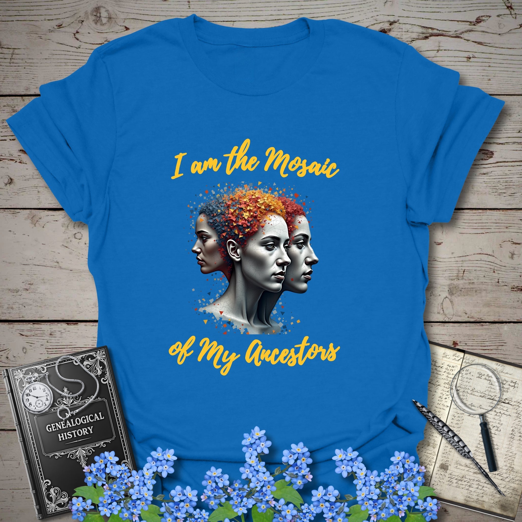 Mosaic of Ancestors T-Shirt in Royal by Genealogy Keepsakes