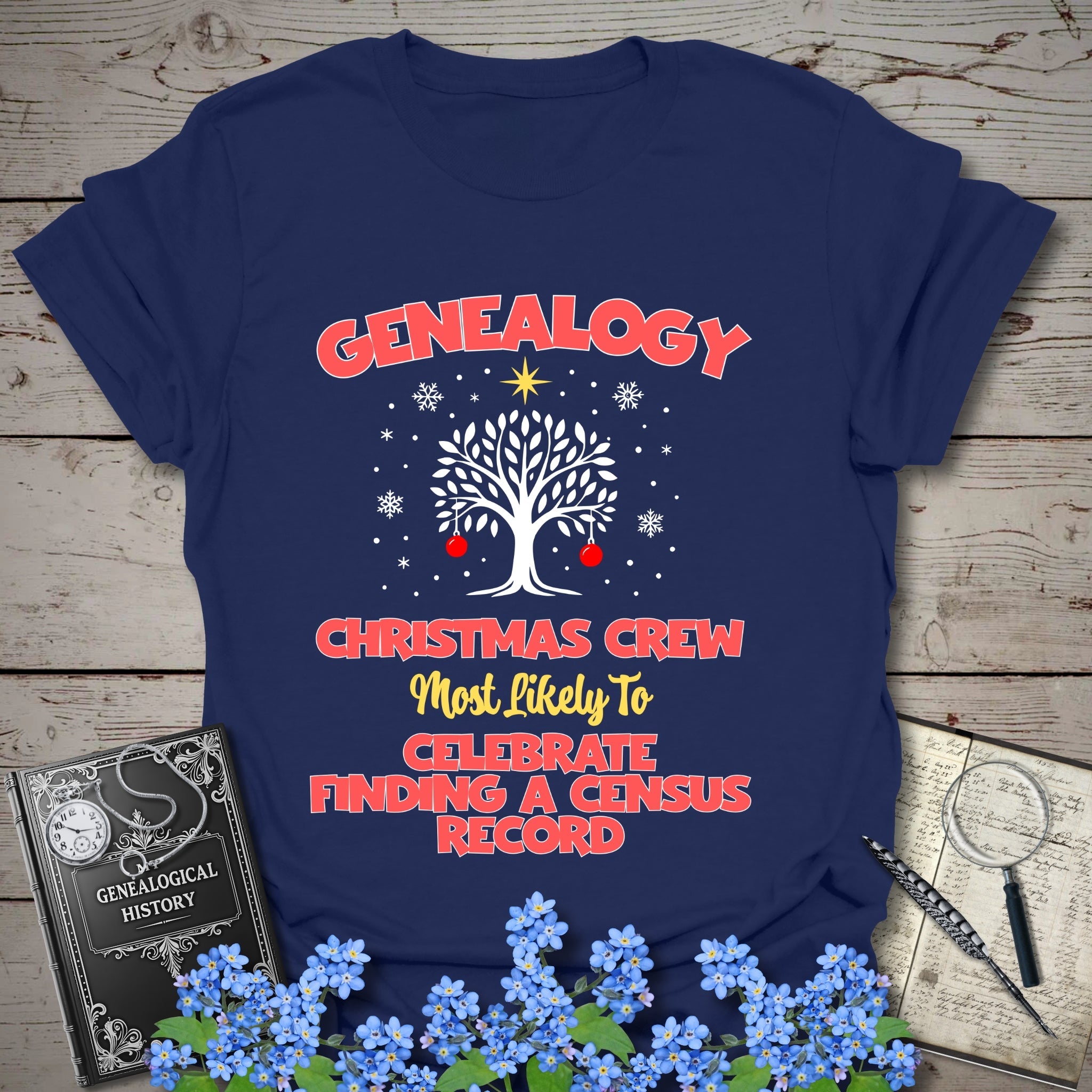Most Likely To Celebrate Finding A Census Record T-Shirt in Navy by Genealogy Keepsakes