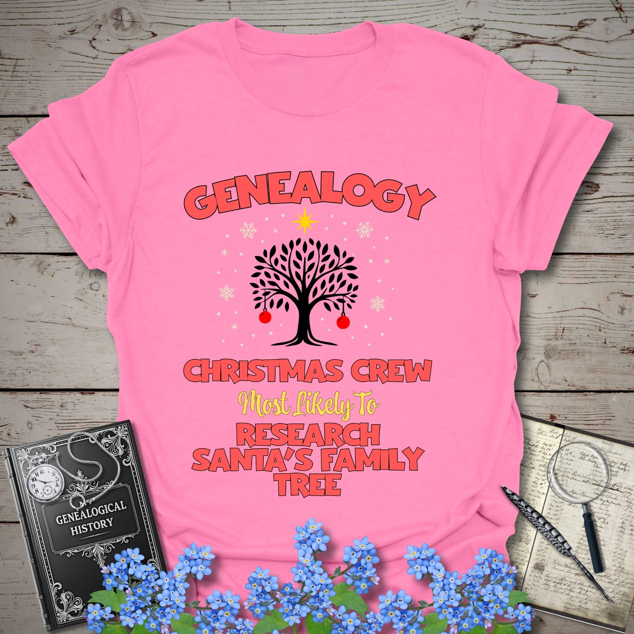 Most Likely To Research Santa's Family Tree T-Shirt in Azalea by Genealogy Keepsakes