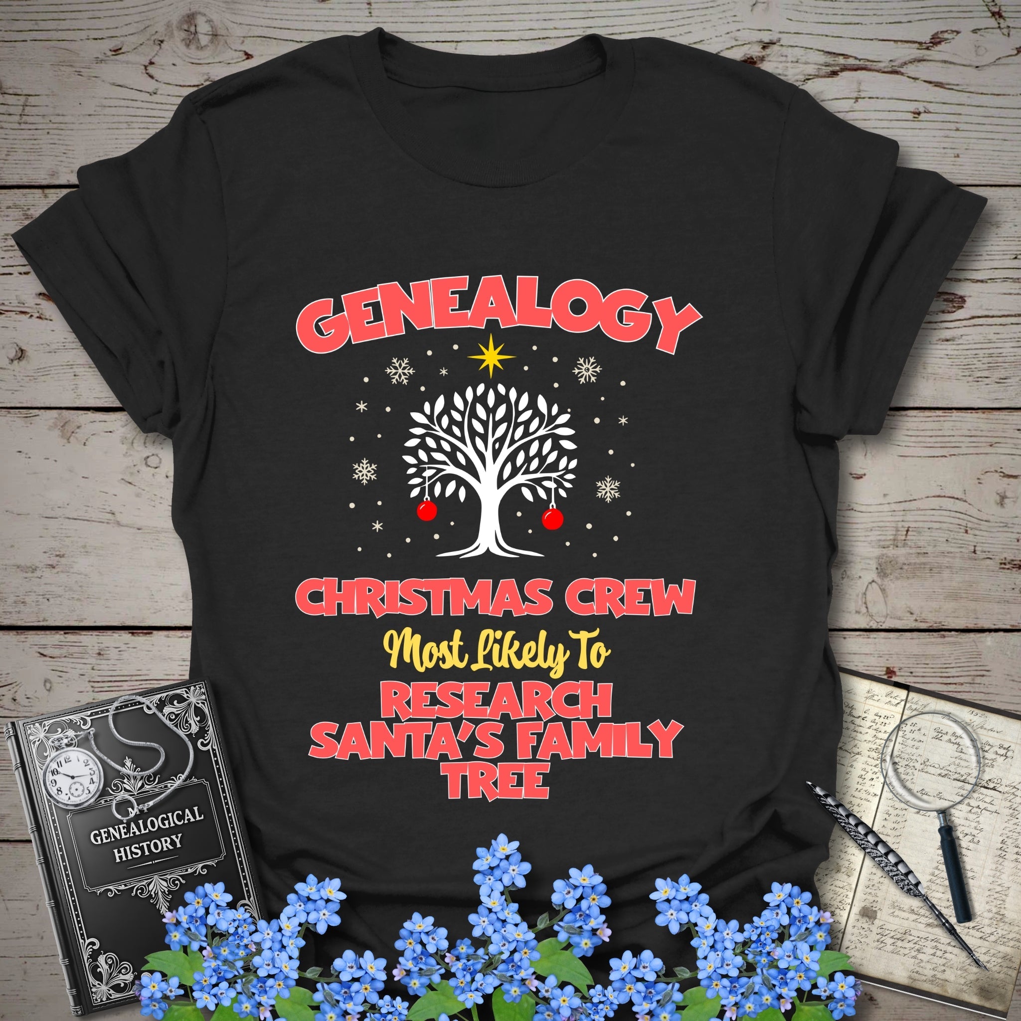 Most Likely To Research Santa's Family Tree T-Shirt in Black by Genealogy Keepsakes