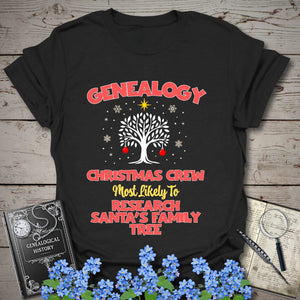 Most Likely To Research Santa's Family Tree T-Shirt in Black by Genealogy Keepsakes