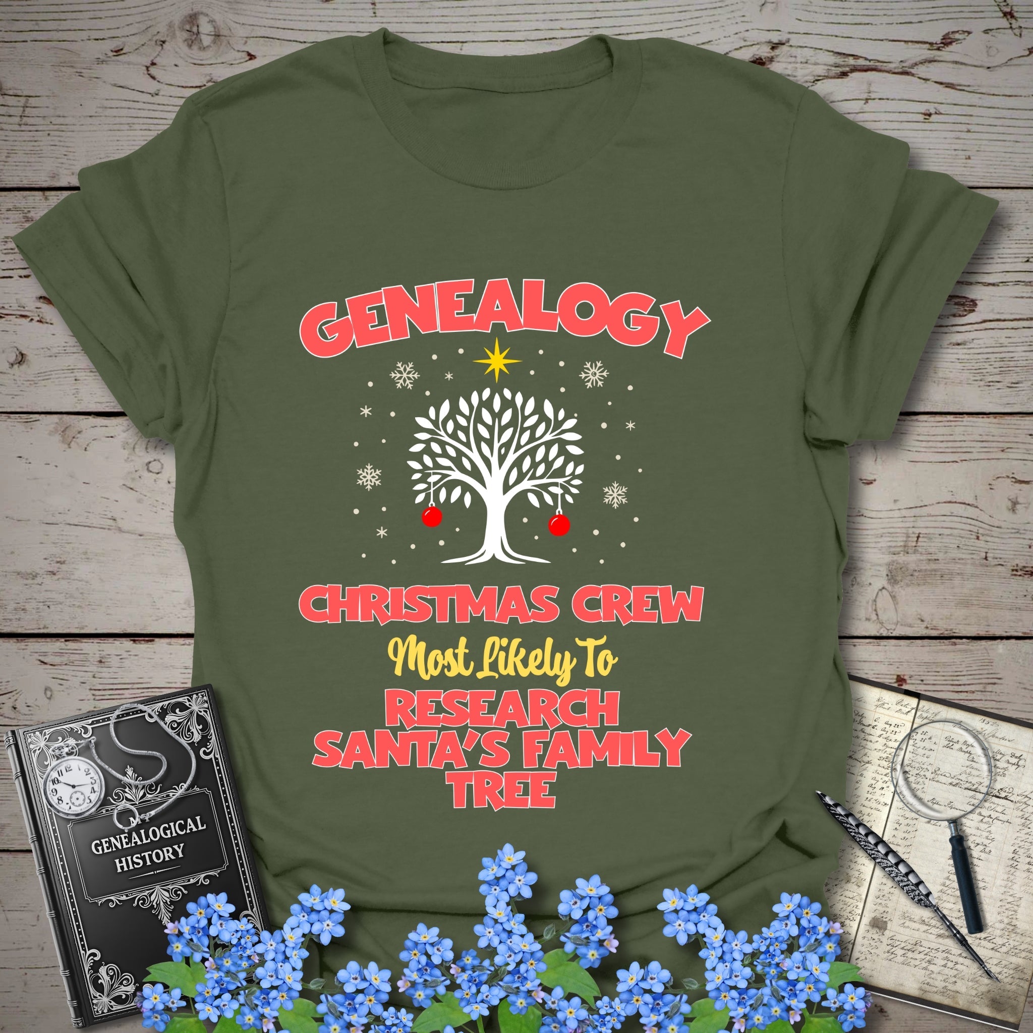 Most Likely To Research Santa's Family Tree T-Shirt in Military Green by Genealogy Keepsakes