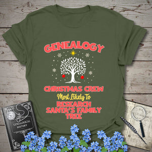Most Likely To Research Santa's Family Tree T-Shirt in Military Green by Genealogy Keepsakes