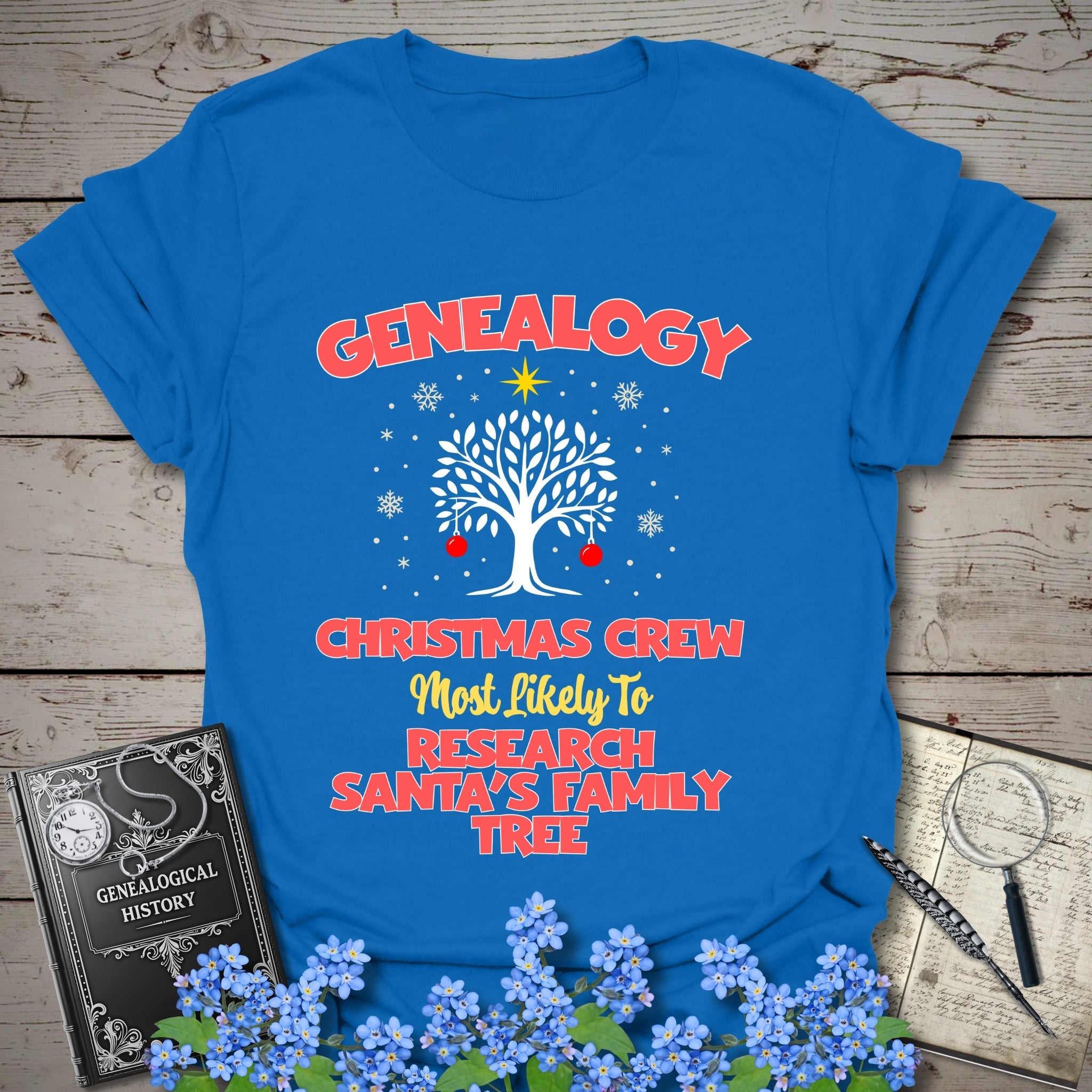 Most Likely To Research Santa's Family Tree T-Shirt in Royal by Genealogy Keepsakes