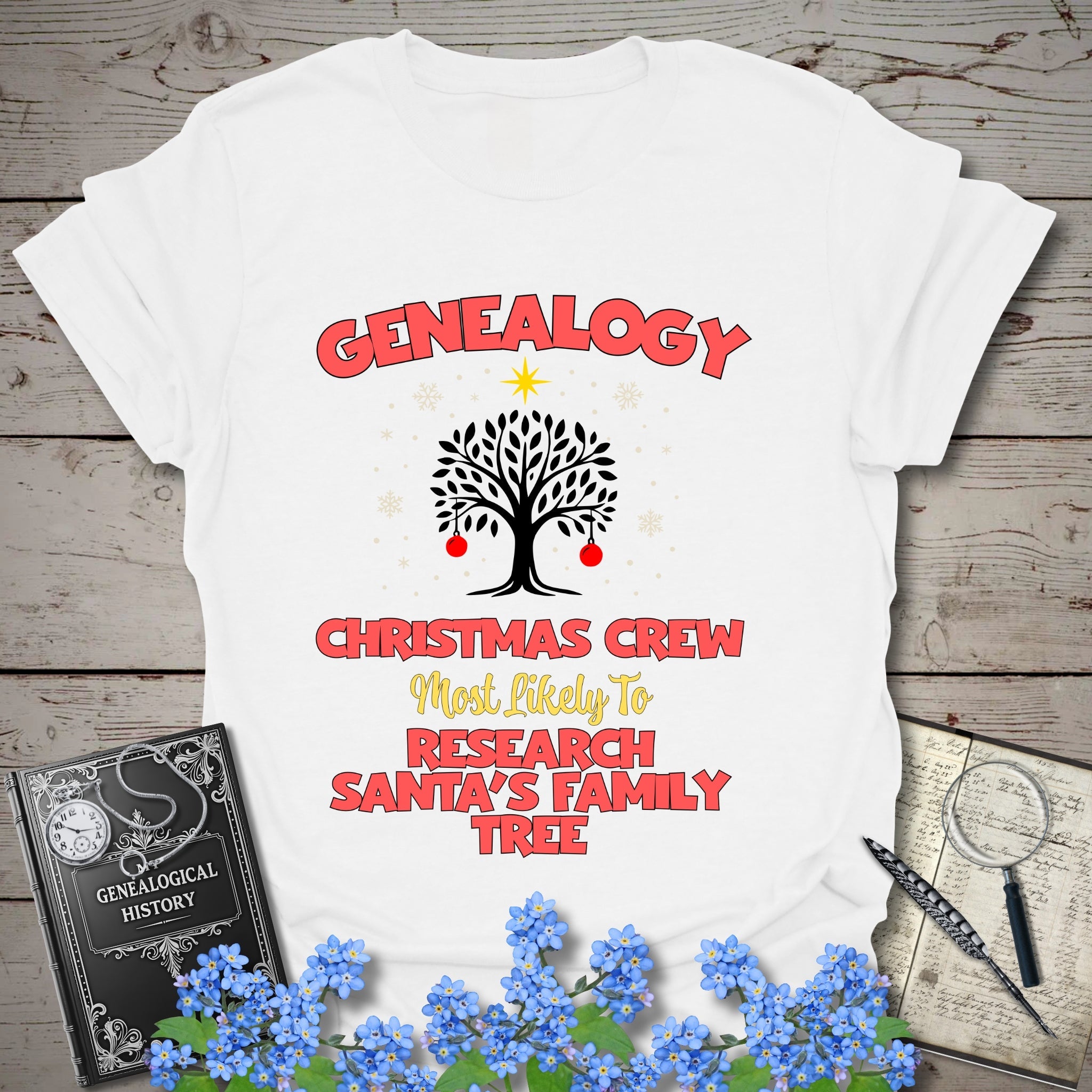 Most Likely To Research Santa's Family Tree T-Shirt in White by Genealogy Keepsakes