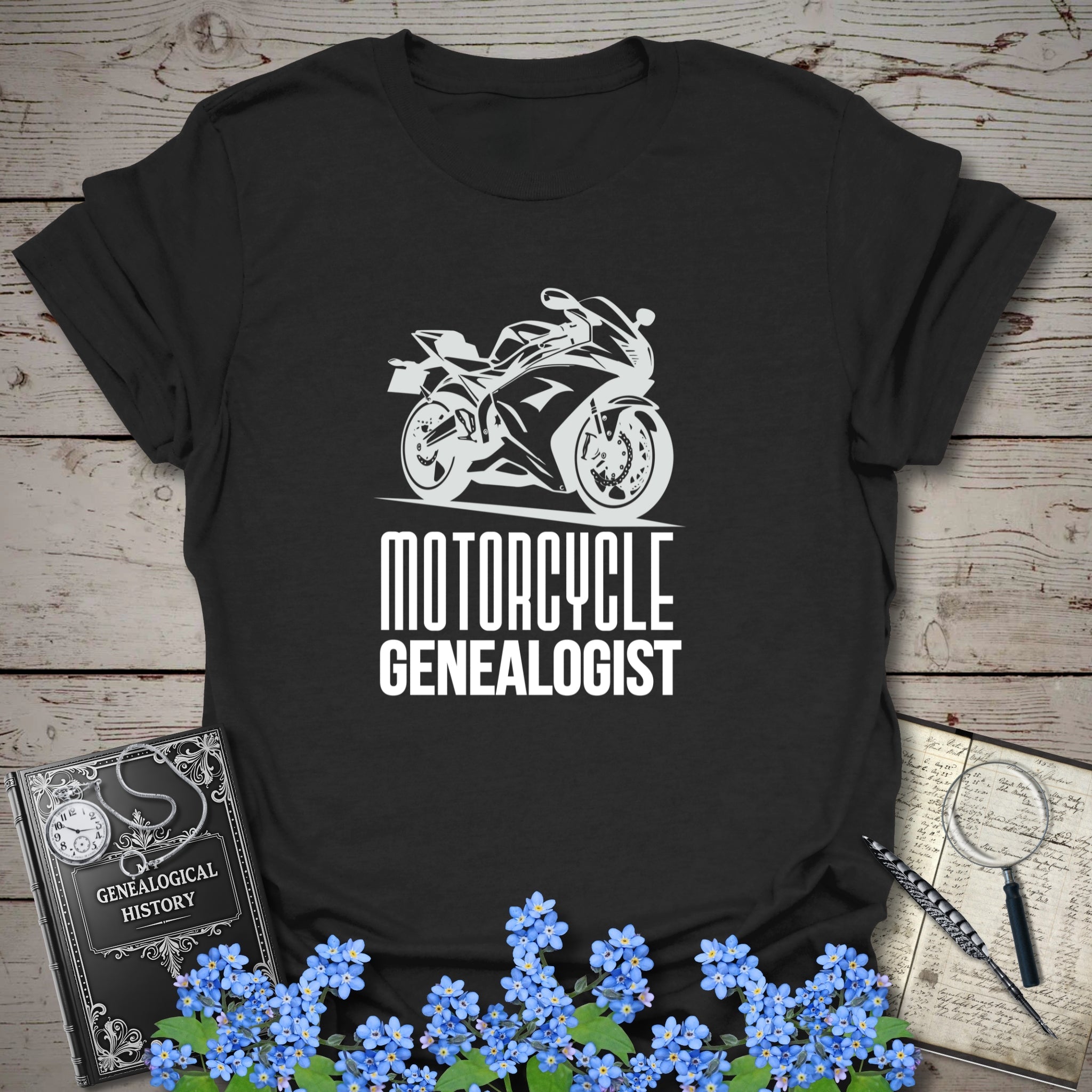 Motorcycle Genealogist T-Shirt in Black by Genealogy Keepsakes