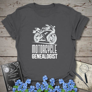 Motorcycle Genealogist T-Shirt in Charcoal by Genealogy Keepsakes