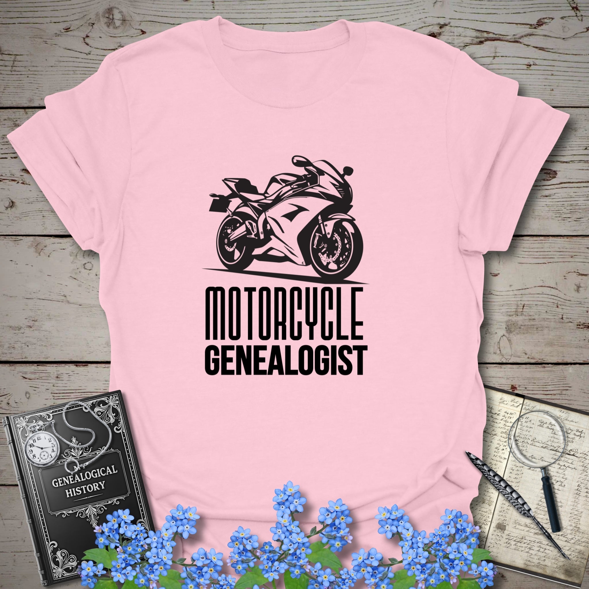 Motorcycle Genealogist T-Shirt in Light Pink by Genealogy Keepsakes