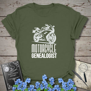 Motorcycle Genealogist T-Shirt in Military Green by Genealogy Keepsakes