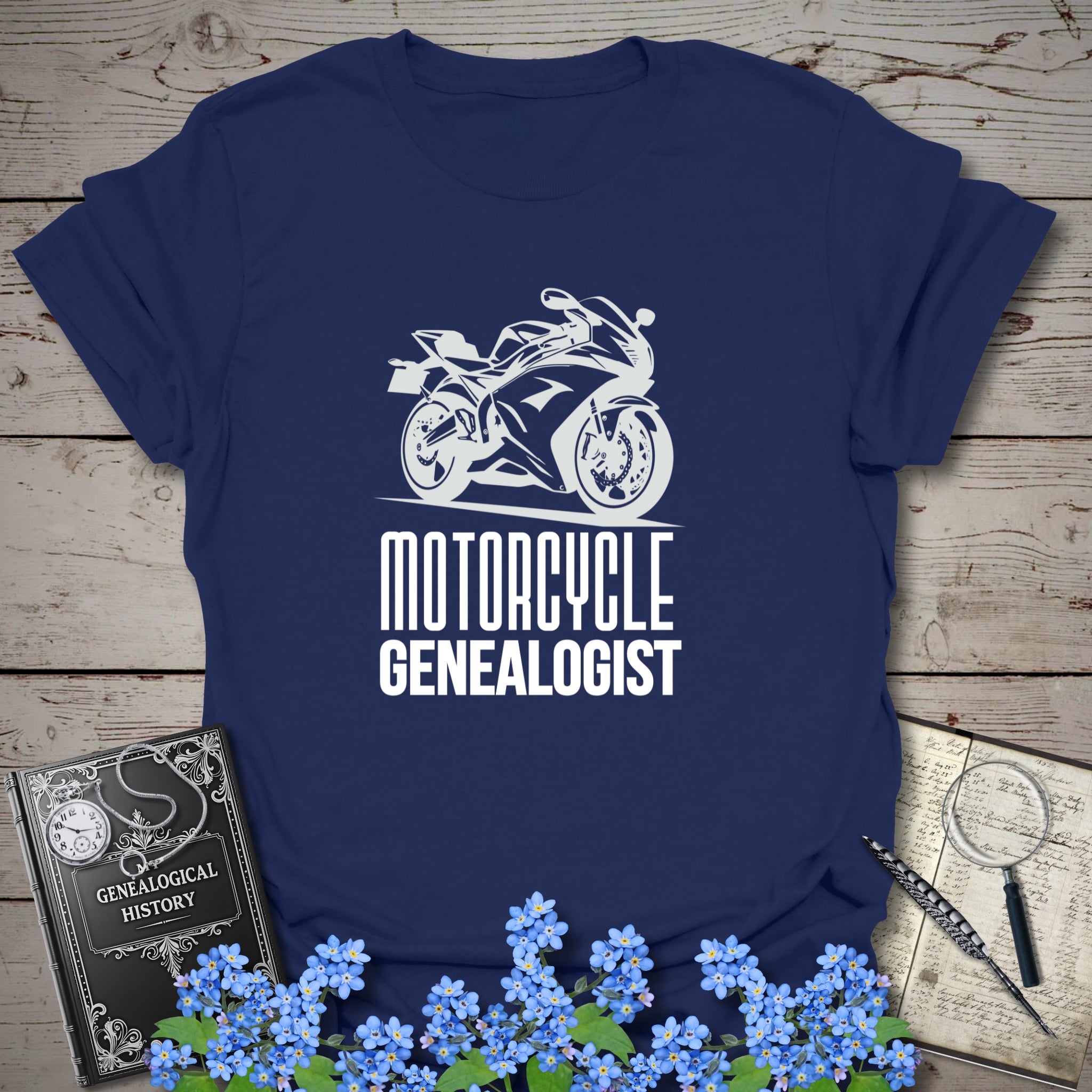 Motorcycle Genealogist T-Shirt in Navy by Genealogy Keepsakes
