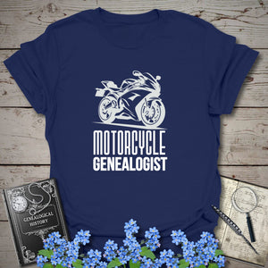 Motorcycle Genealogist T-Shirt in Navy by Genealogy Keepsakes