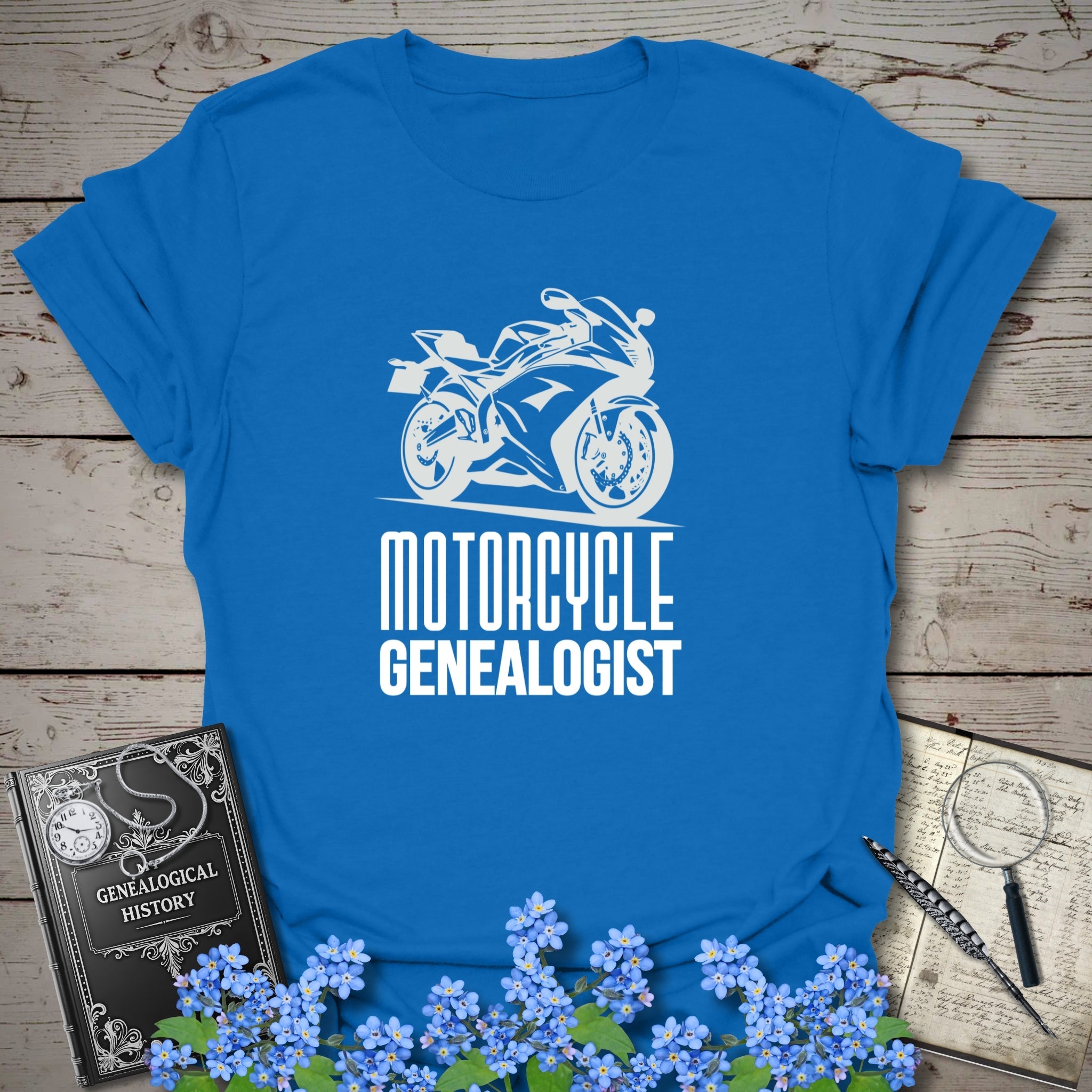 Motorcycle Genealogist T-Shirt in Royal by Genealogy Keepsakes