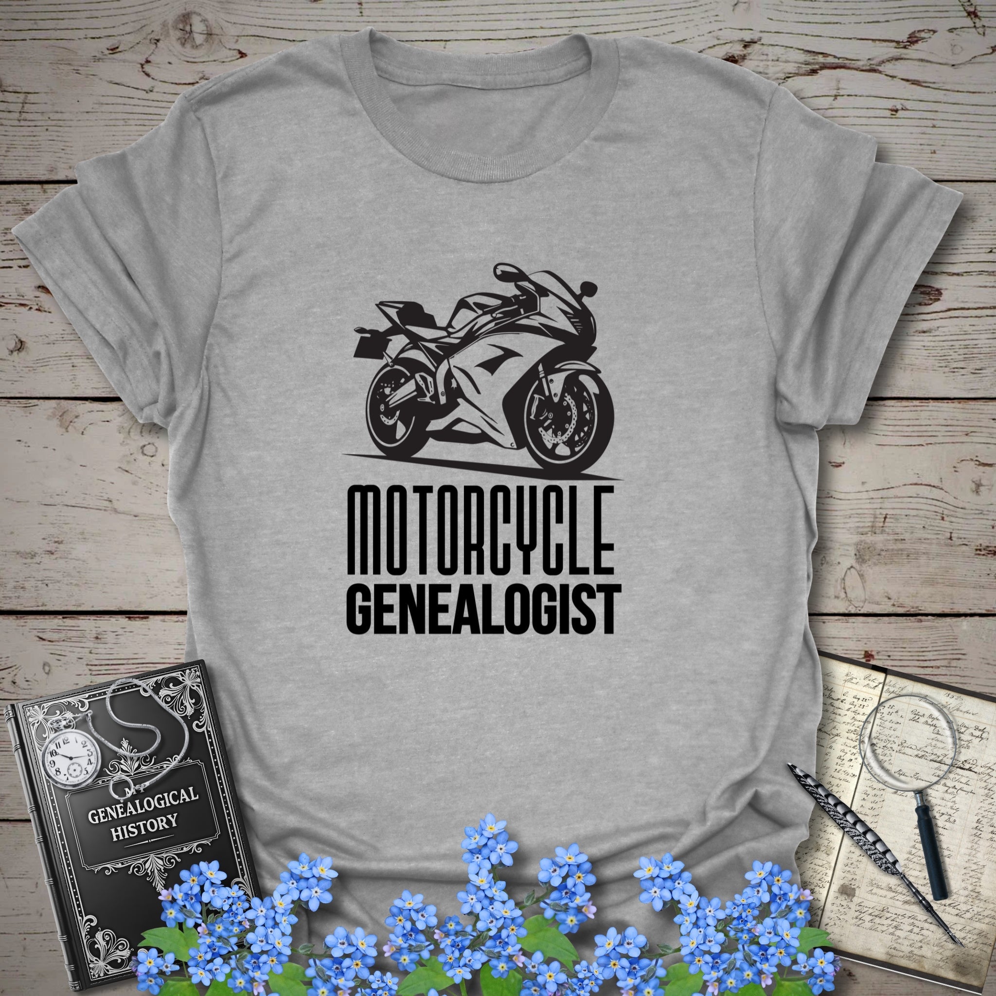 Motorcycle Genealogist T-Shirt in Sport Grey by Genealogy Keepsakes