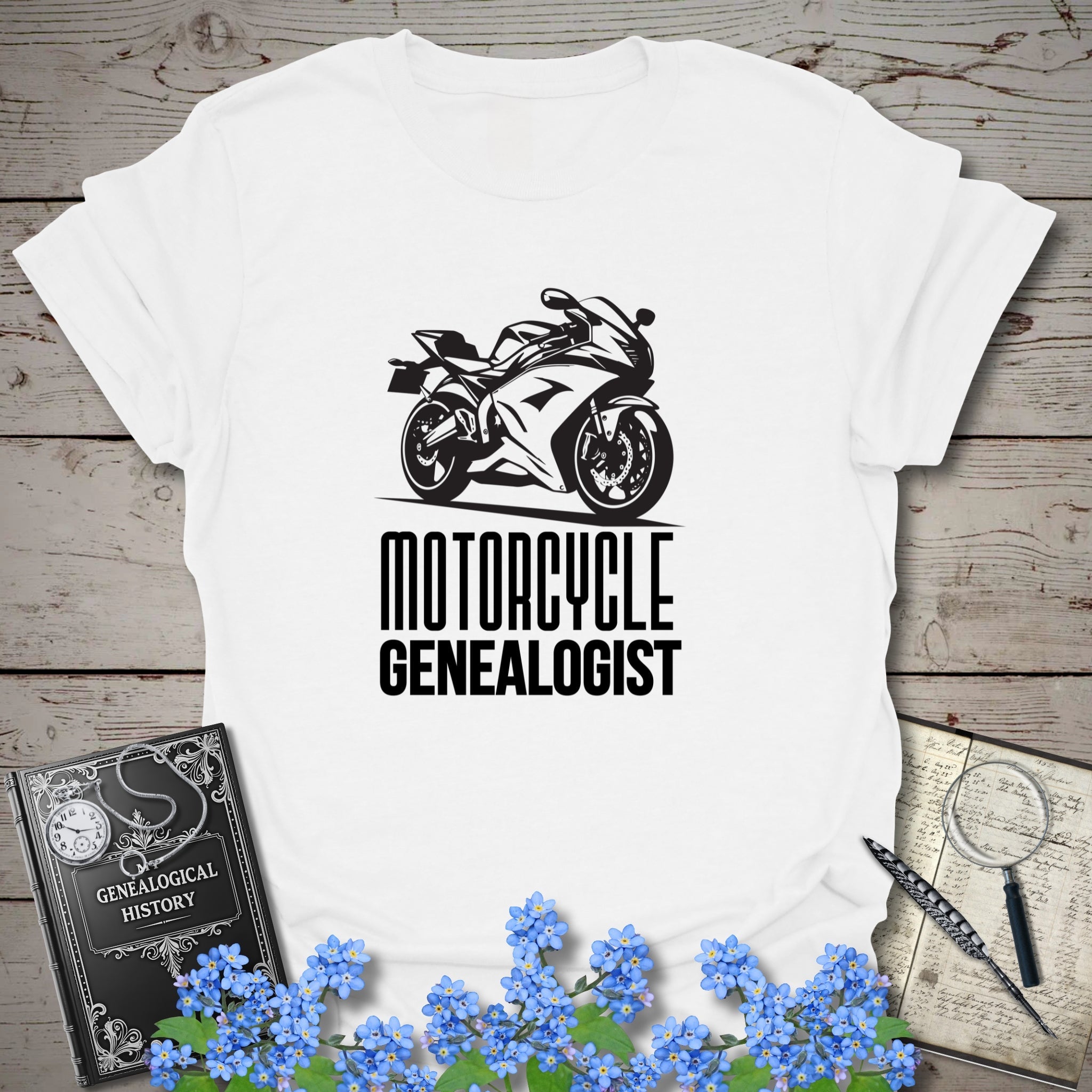 Motorcycle Genealogist T-Shirt in White by Genealogy Keepsakes