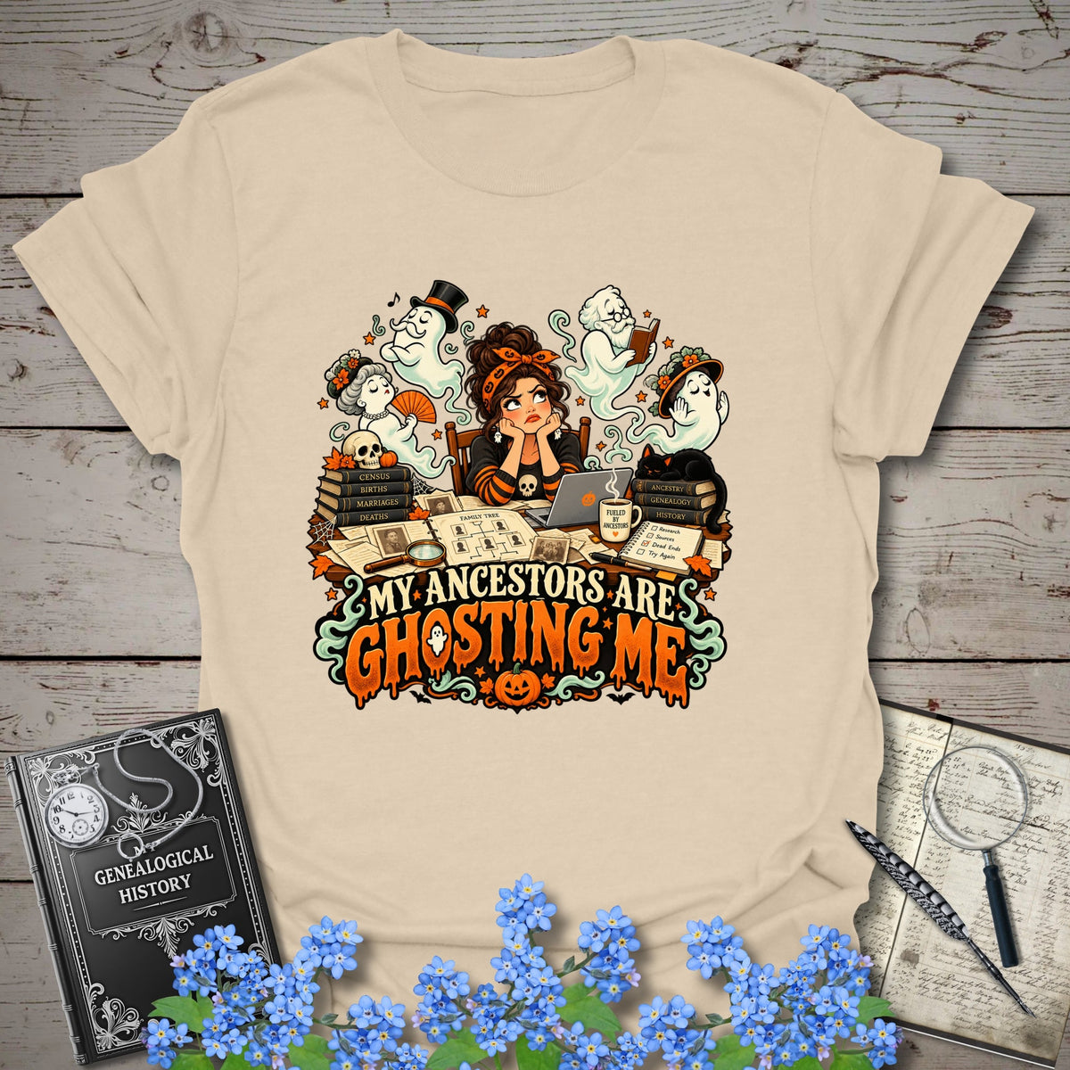 My Ancestors Are Ghosting Me Halloween T-Shirt - Genealogy Keepsakes Custom Genealogy Gift - M Natural