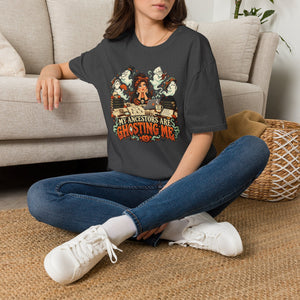 My Ancestors Are Ghosting Me Halloween T-Shirt - Genealogy Keepsakes Custom Genealogy Gift - S Dark Heather