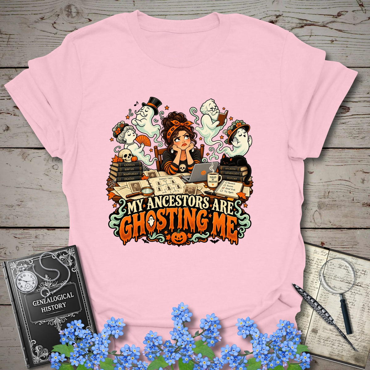 My Ancestors Are Ghosting Me Halloween T-Shirt - Genealogy Keepsakes Custom Genealogy Gift - S Light Pink