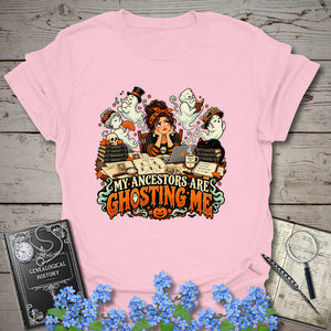 My Ancestors Are Ghosting Me Halloween T-Shirt - Genealogy Keepsakes Custom Genealogy Gift - S Light Pink