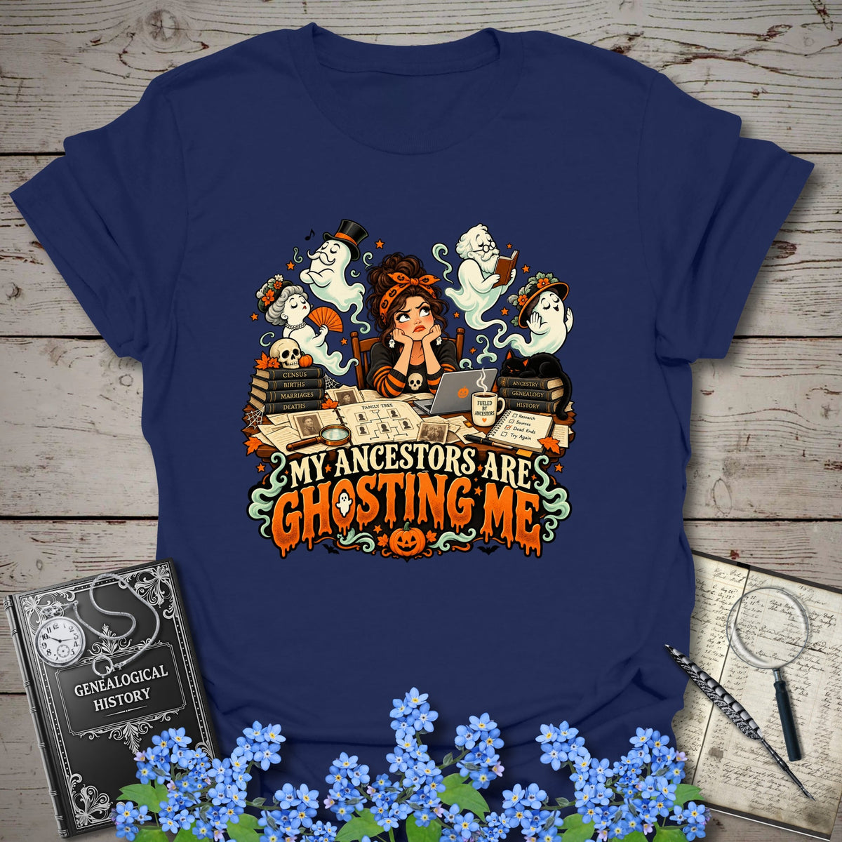 My Ancestors Are Ghosting Me Halloween T-Shirt - Genealogy Keepsakes Custom Genealogy Gift - S Navy