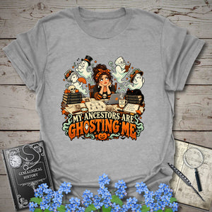 My Ancestors Are Ghosting Me Halloween T-Shirt - Genealogy Keepsakes Custom Genealogy Gift - S Sport Grey